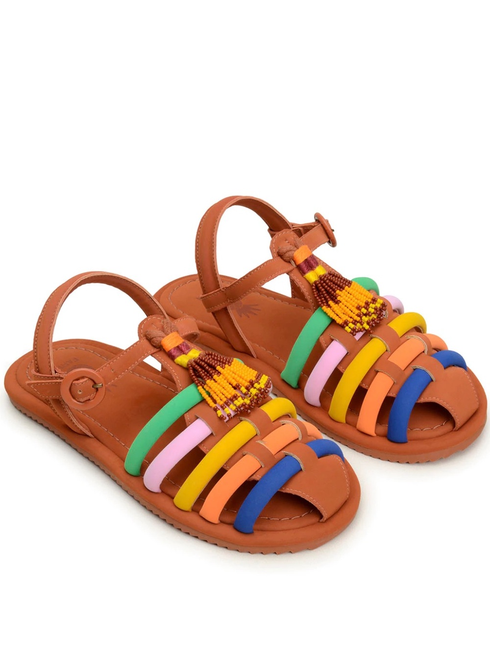 FARM Rio Multicolor Beaded Brown Leather Sandals